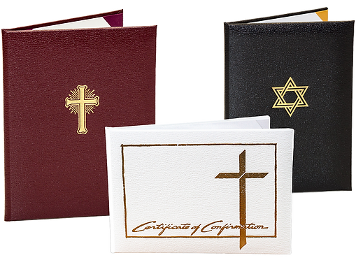 Burgundy, black and white religious certificate covers with gold faith emblems